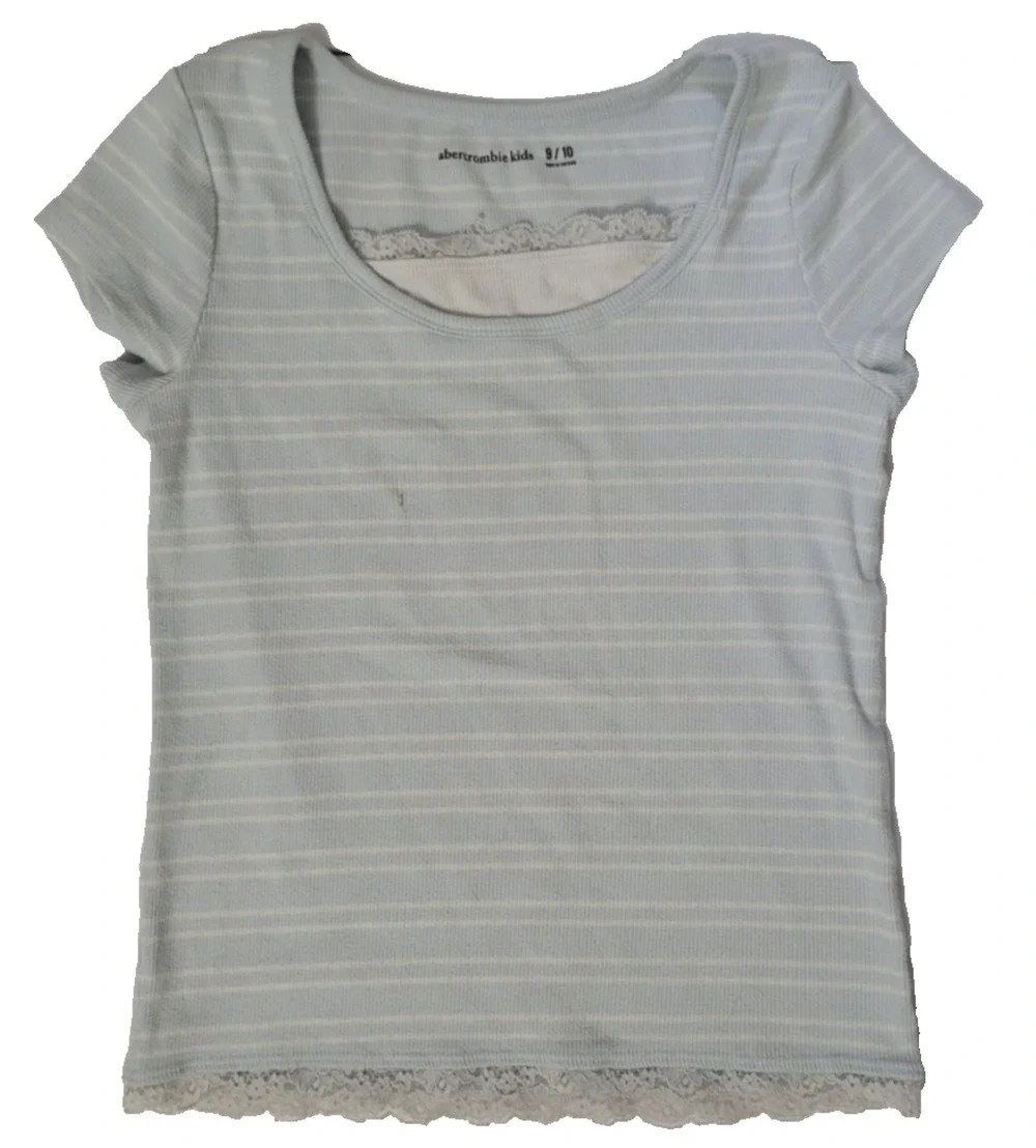 Abercrombie Kids Girls 9/10 Blue Striped Lace Trim Short Sleeve Top Y2K